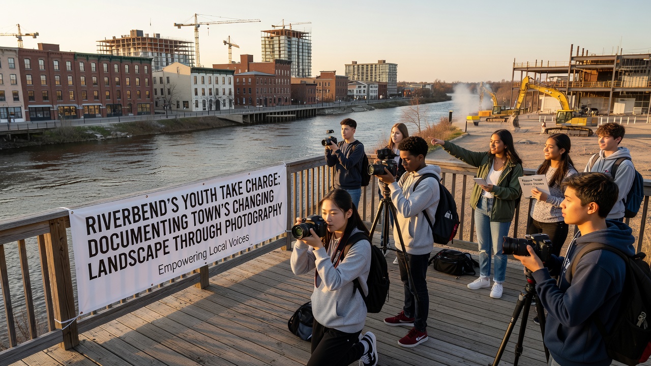Group of Riverbend teens reviewing printed photographs during a workshop session